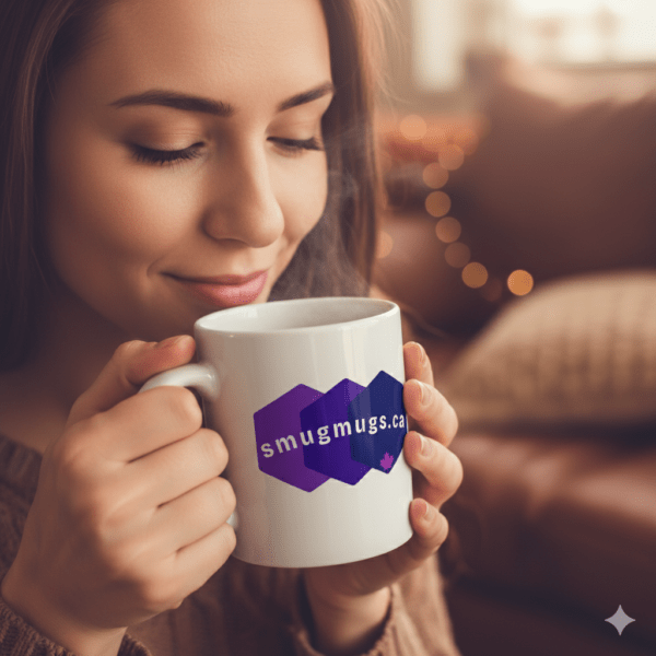 Woman enjoying a cup of coffee using a mug wiith the smugmugs purple logo