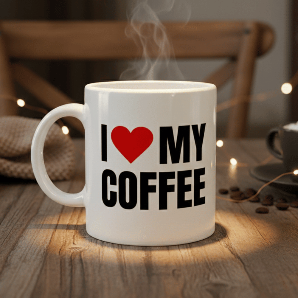 White coffee mug on a wood table with the words I Love My Coffee.