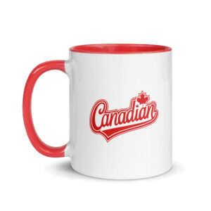 I am Canadian. White ceramic coffee mug with a red handle and rim featuring red retro script text reading 'Canadian' topped with a small red maple leaf emblem.