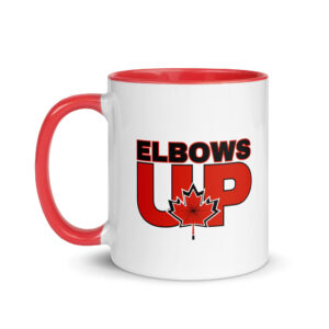 White ceramic coffee mug with a red handle and rim featuring bold red and black text that reads 'ELBOWS UP' centered with a detailed red maple leaf graphic.