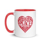 Peace - Glossy White Ceramic Coffee Mug with Red Accents