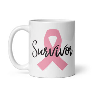 Cancer Warrior & Survivor White glossy ceramic coffee mug showing the word Survivor in black script layered over a pink breast cancer ribbon.