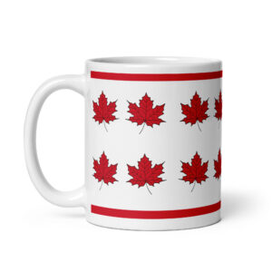 Glossy white ceramic coffee mug featuring repeating rows of red maple leaves framed by solid red horizontal border stripes along the top and bottom.