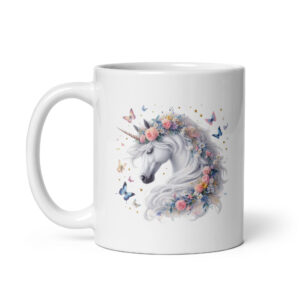 Fantasy Floral Unicorn with Butterflies – White Glossy Ceramic Coffee Gift Mug