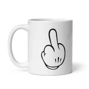 Funny white ceramic coffee mug featuring a black line art graphic of a white cartoon glove hand giving the middle finger printed on the side.