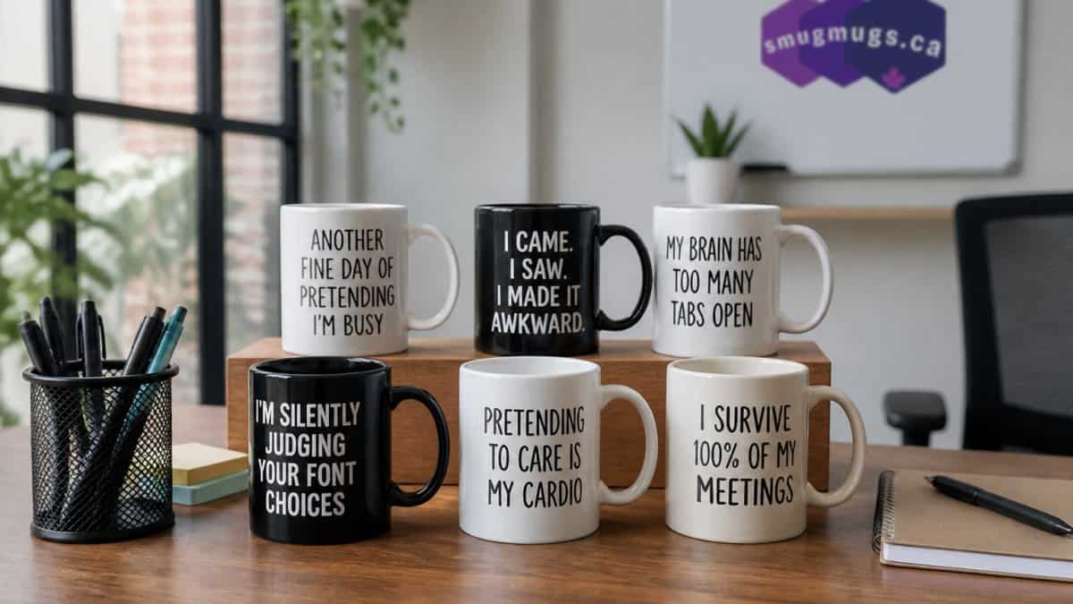 Assorted sarcastic mugs with witty quotes on a desk setup.