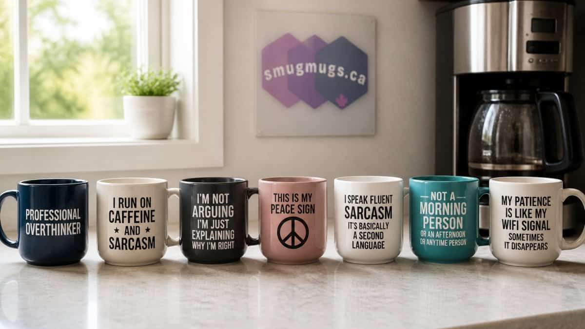 A row of sarcastic mugs with funny sayings lined up on a sunny kitchen counter beside a coffee maker