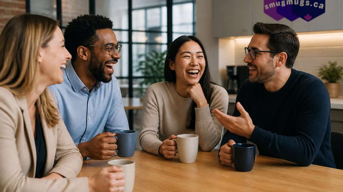Group of coworkers laughing during casual meeting at office.
