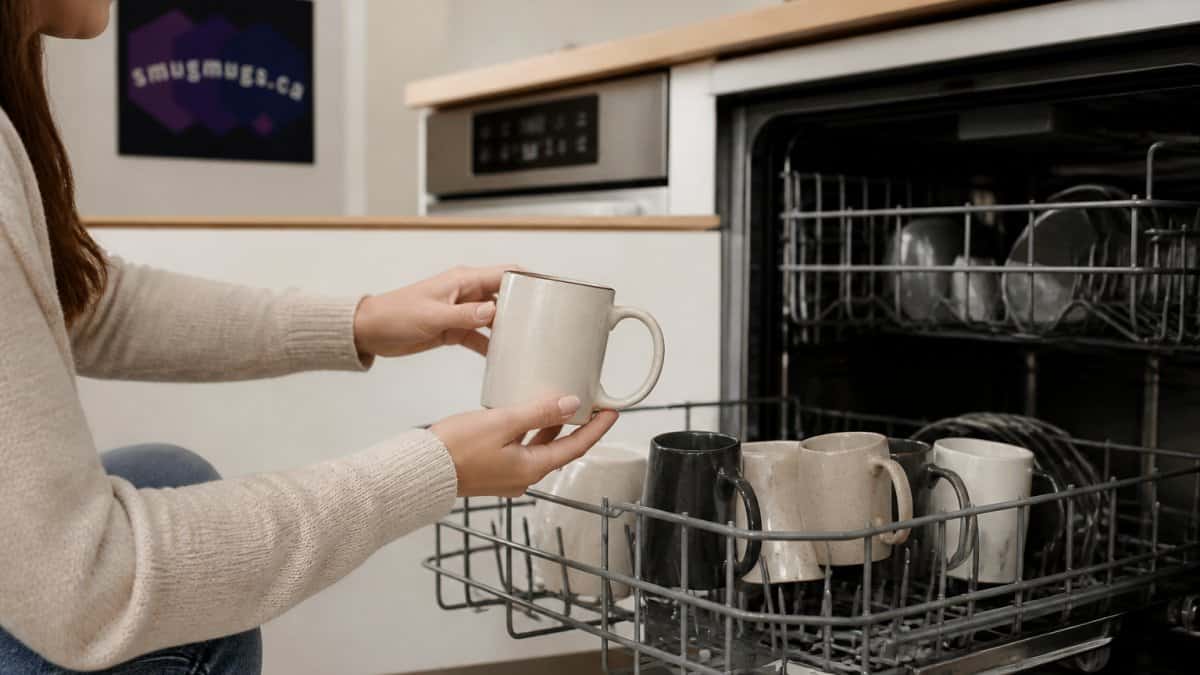 Person placing ceramic mug inside dishwasher for cleaning.