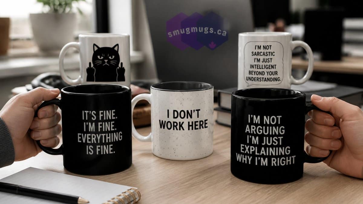 Four mugs with sarcastic quotes on a desk.