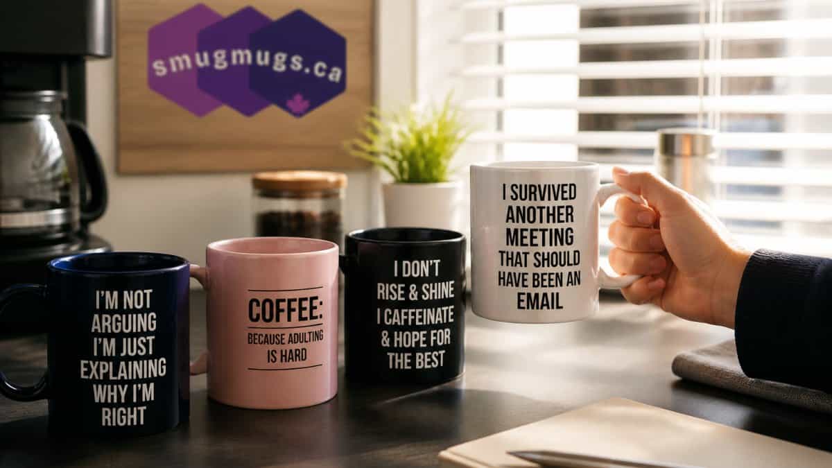Hand lifting a ceramic coffee cup from a row of sarcastic mugs on an office kitchen counter in morning light.
