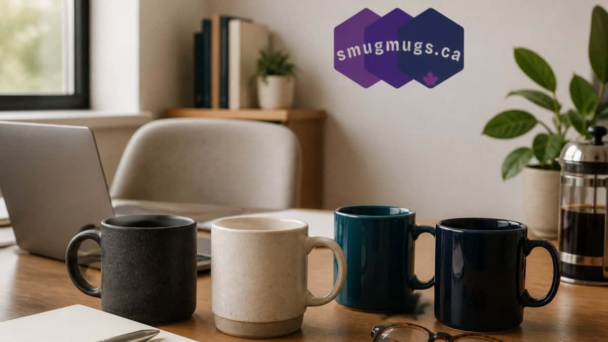 Set of four stylish coffee mugs in different colors on a home office desk.