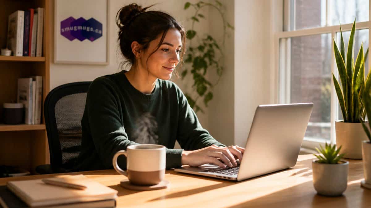 Steaming ceramic mug on a home office desk, one of the best coffee mugs for home office, bathed in morning sunlight.
