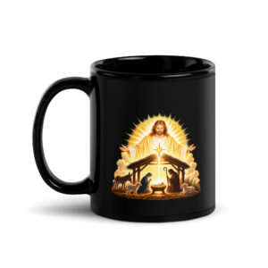 Black mug with a radiant Christ over the Nativity scene illustration.