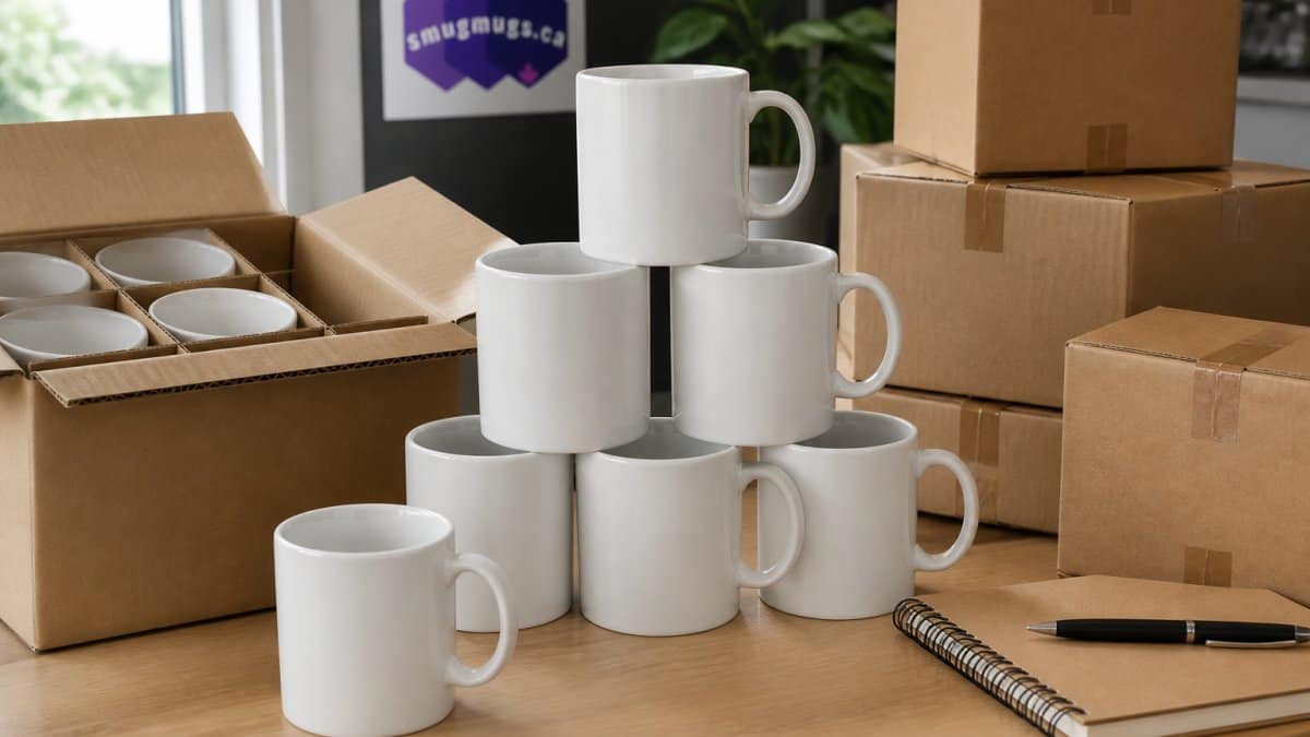 Stacked white ceramic mugs with packing boxes in background.