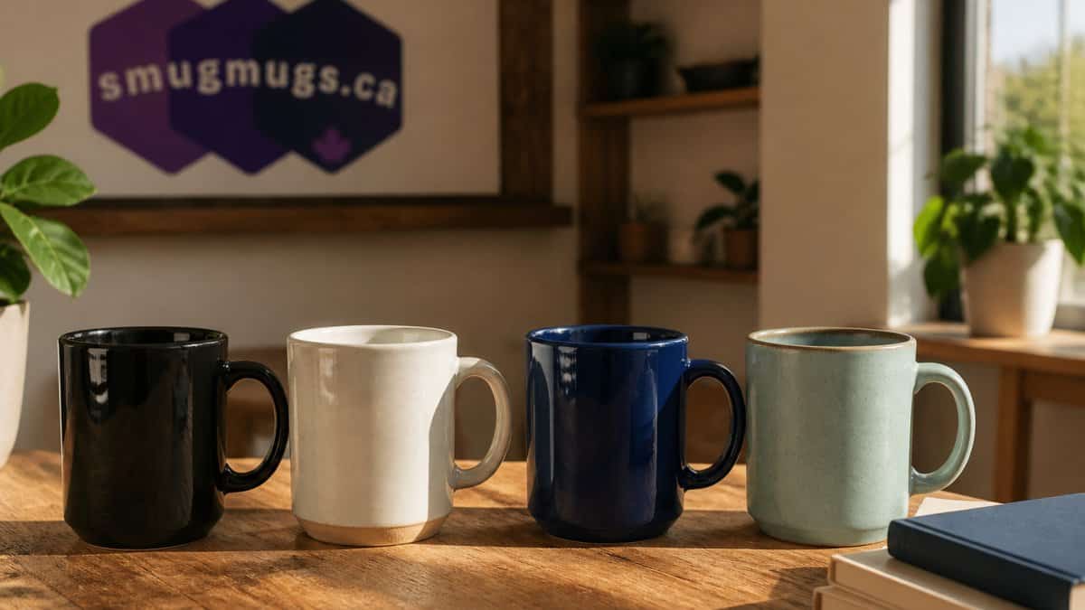 Set of four ceramic mugs in black, white, blue, and light green on wooden table.