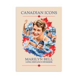 Marilyn Bell Canadian icons art poster featuring swimming and Toronto skyline.