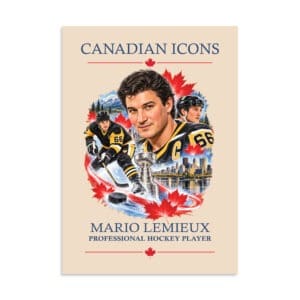 Mario Lemieux Canadian Icons art poster featuring hockey scenes and cityscape.