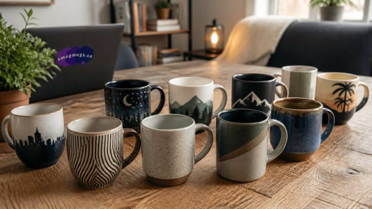 Assorted ceramic coffee mugs on a wooden table in a cozy home setting.