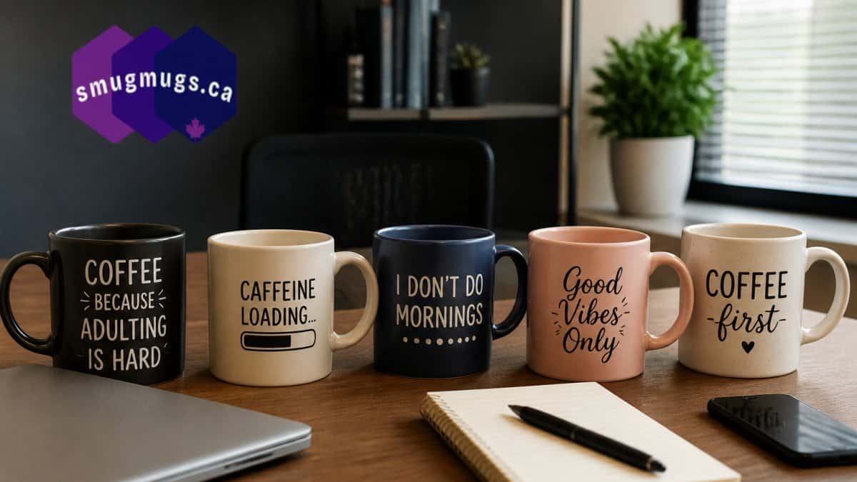 A row of cool coffee mugs with witty slogans arranged on a wooden office desk next to a laptop and coffee.