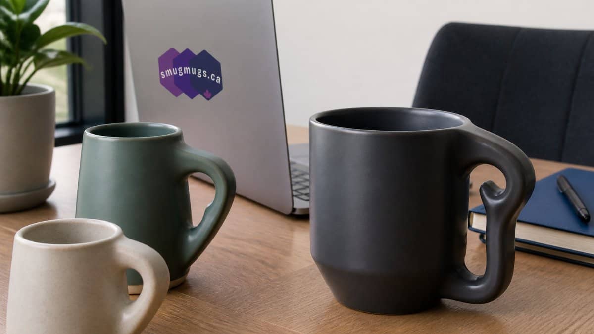 Three ergonomic coffee mugs in different colors on a wooden desk.
