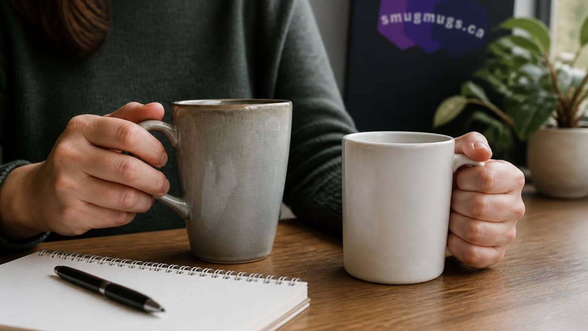 Close-up of two hands holding different ceramic coffee mugs, one with a three-finger grip and one with a full-hand grip, on a wooden desk with a notebook nearby