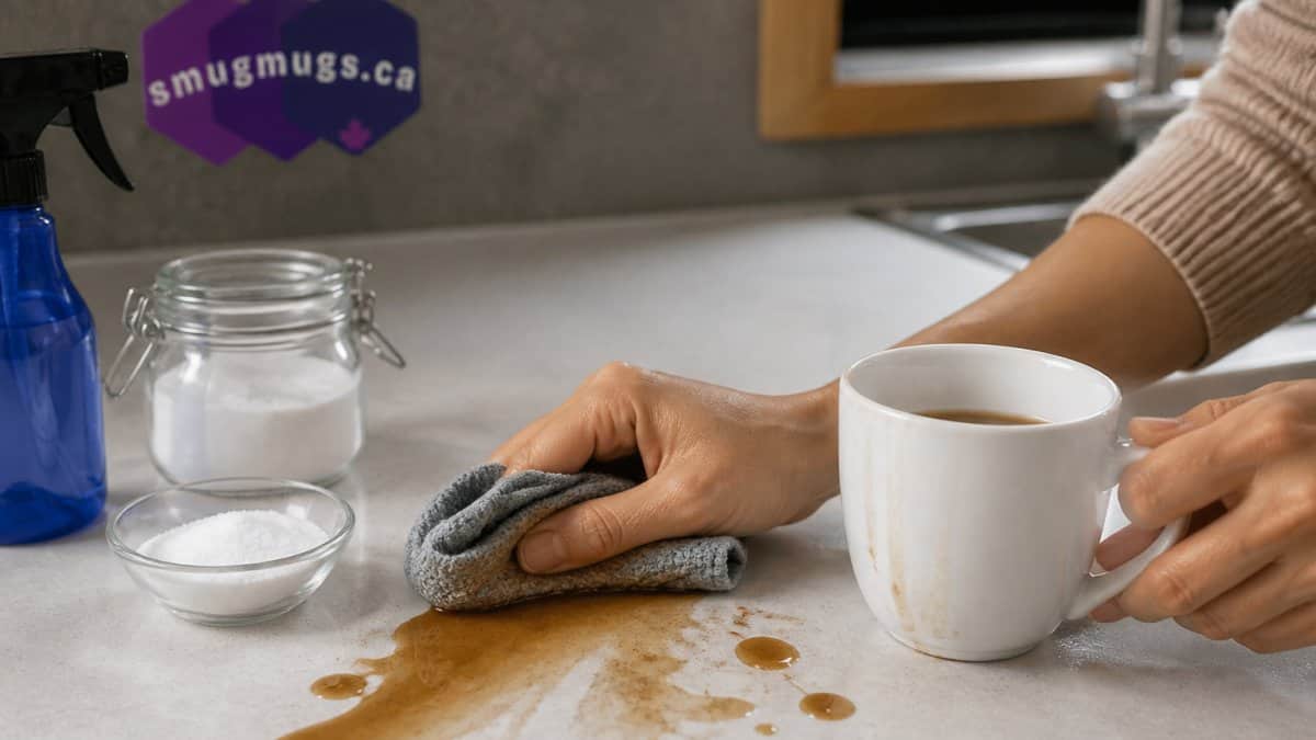 Person cleaning coffee spill on kitchen counter with cloth and mug nearby.