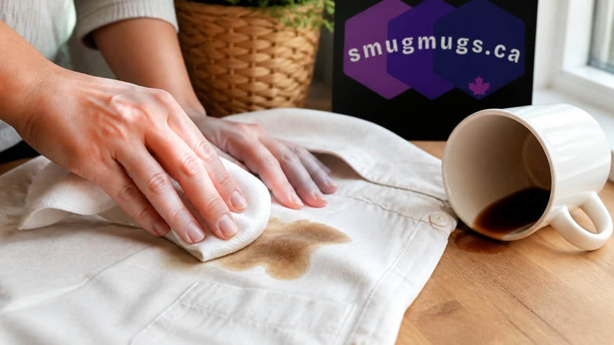 Close-up of hands blotting a fresh coffee spill on a light-colored cotton shirt with a clean white cloth, a mug of coffee tipped over on a wooden table nearby