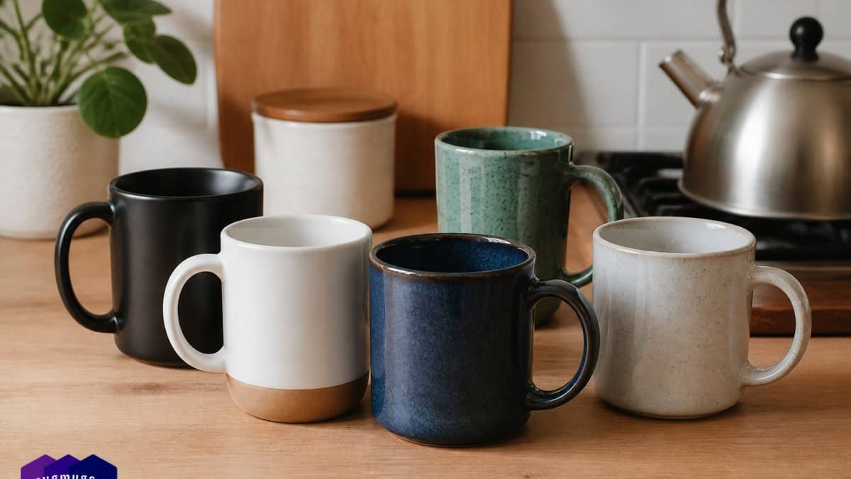 Assorted ceramic mugs on a kitchen counter for daily use.