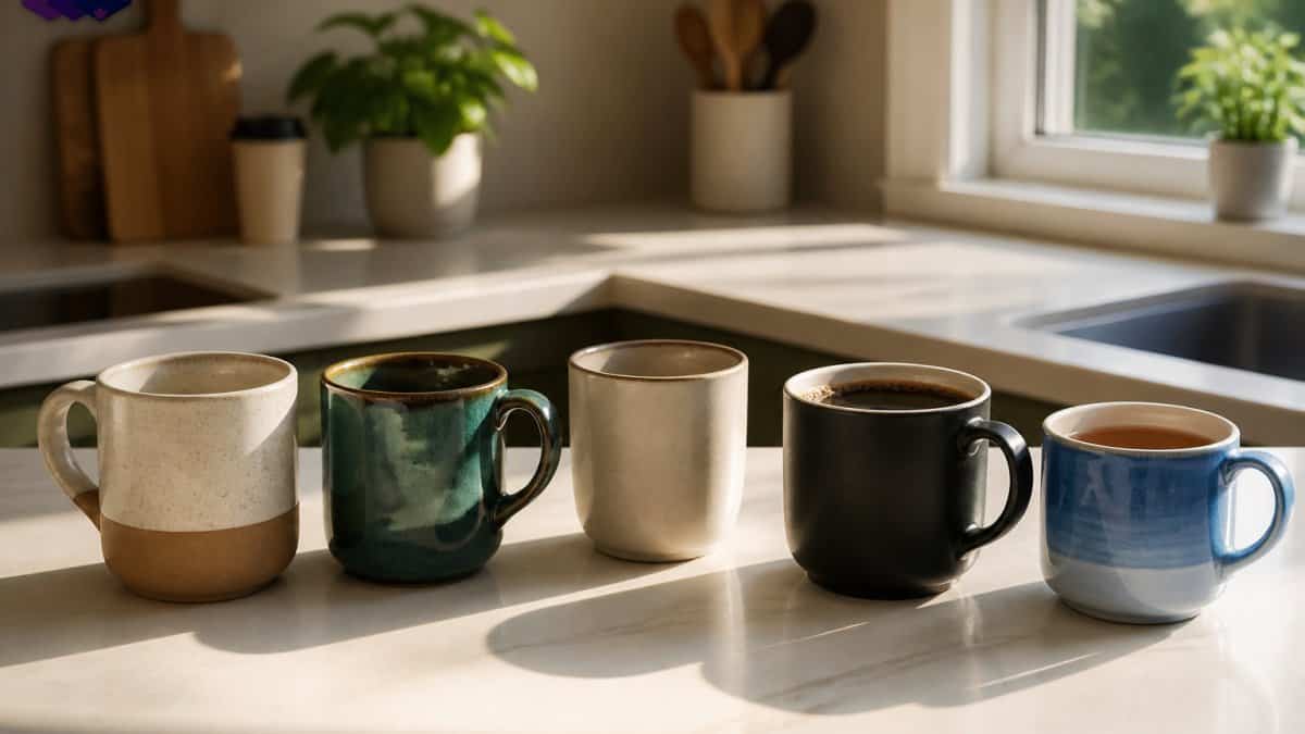 A row of ceramic mugs in different colors and sizes on a kitchen counter, one filled with black coffee and another with tea, morning light from a window