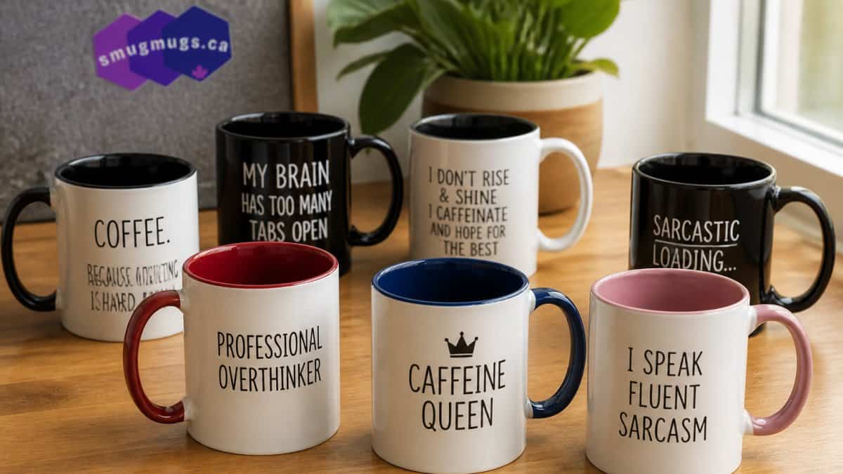 Set of seven witty ceramic mugs with humorous quotes and colorful handles.