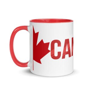 Canada mug with red maple leaf and color inside, perfect for Canadian pride.