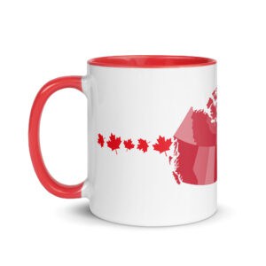 Canadian map mug with maple leaf trail and red handle and rim.