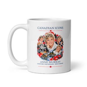Anne Murray Canadian Icons ceramic coffee mug with her portrait and maple leaves.
