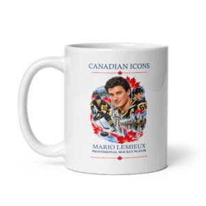 Mario Lemieux Canadian Icons ceramic coffee mug with hockey design and maple leaf.