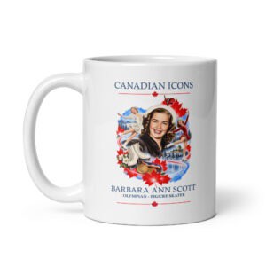 Canadian Icons mug featuring Barbara Ann Scott, Olympic figure skater, with Canadian imagery.
