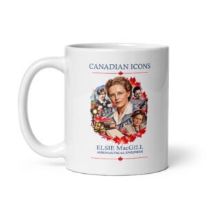 Elsie MacGill Canadian Icons ceramic coffee mug with her portrait and maple leaves.