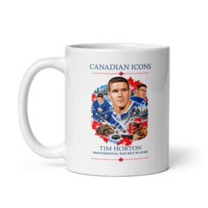 Tim Horton Canadian Icons ceramic coffee mug with hockey player image and maple leaf design.