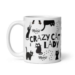 White ceramic coffee mug with black cat illustrations and 'Crazy Cat Lady' text.