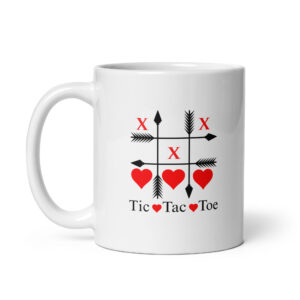 Tic Tac Toe mug with red hearts and black arrows on white glossy ceramic.