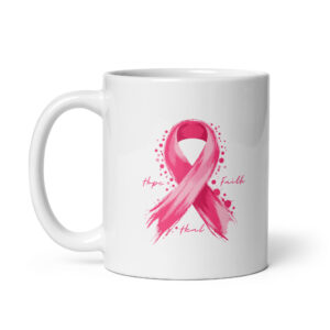 White ceramic coffee mug with pink breast cancer awareness ribbon design.
