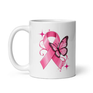 White ceramic coffee mug with pink ribbon and butterfly for breast cancer awareness.