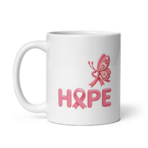 White ceramic mug with pink ribbon, butterfly, and the word HOPE for breast cancer awareness.