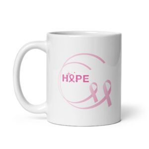 White ceramic coffee mug with pink Hope ribbon and logo for breast cancer awareness.