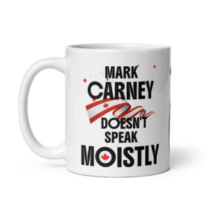 White mug with bold black text and red maple leaf design.