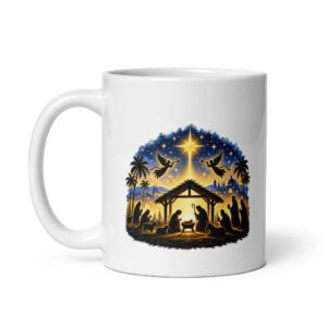 White mug with nativity scene and star, perfect for Christmas decor.