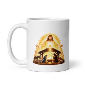 White mug with a radiant Christ over the Nativity scene illustration.