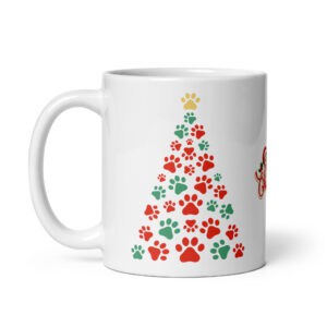 White glossy mug with Christmas tree made of colorful paw prints.