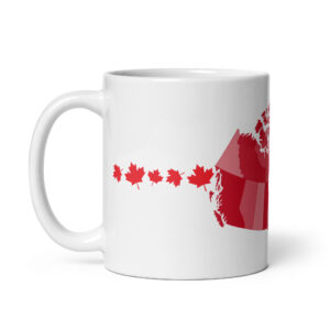 Canadian map with red maple leaves and a maple leaf flag design on a mug.