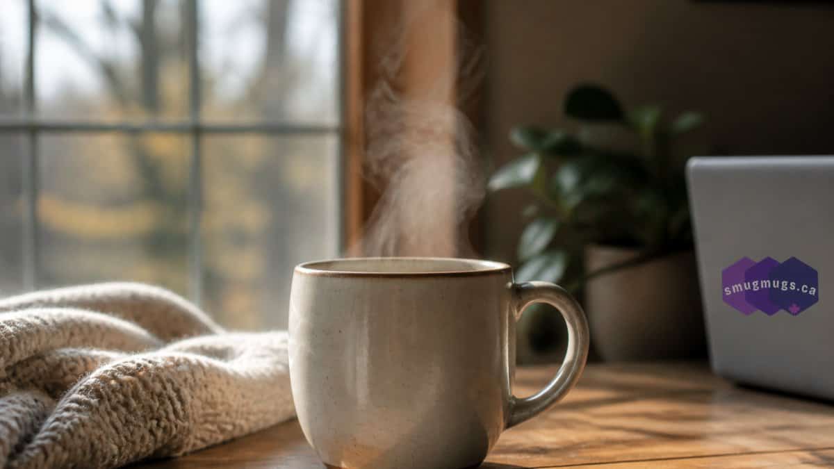 Warm ceramic mug with steam on wooden table near window, cozy home setting.